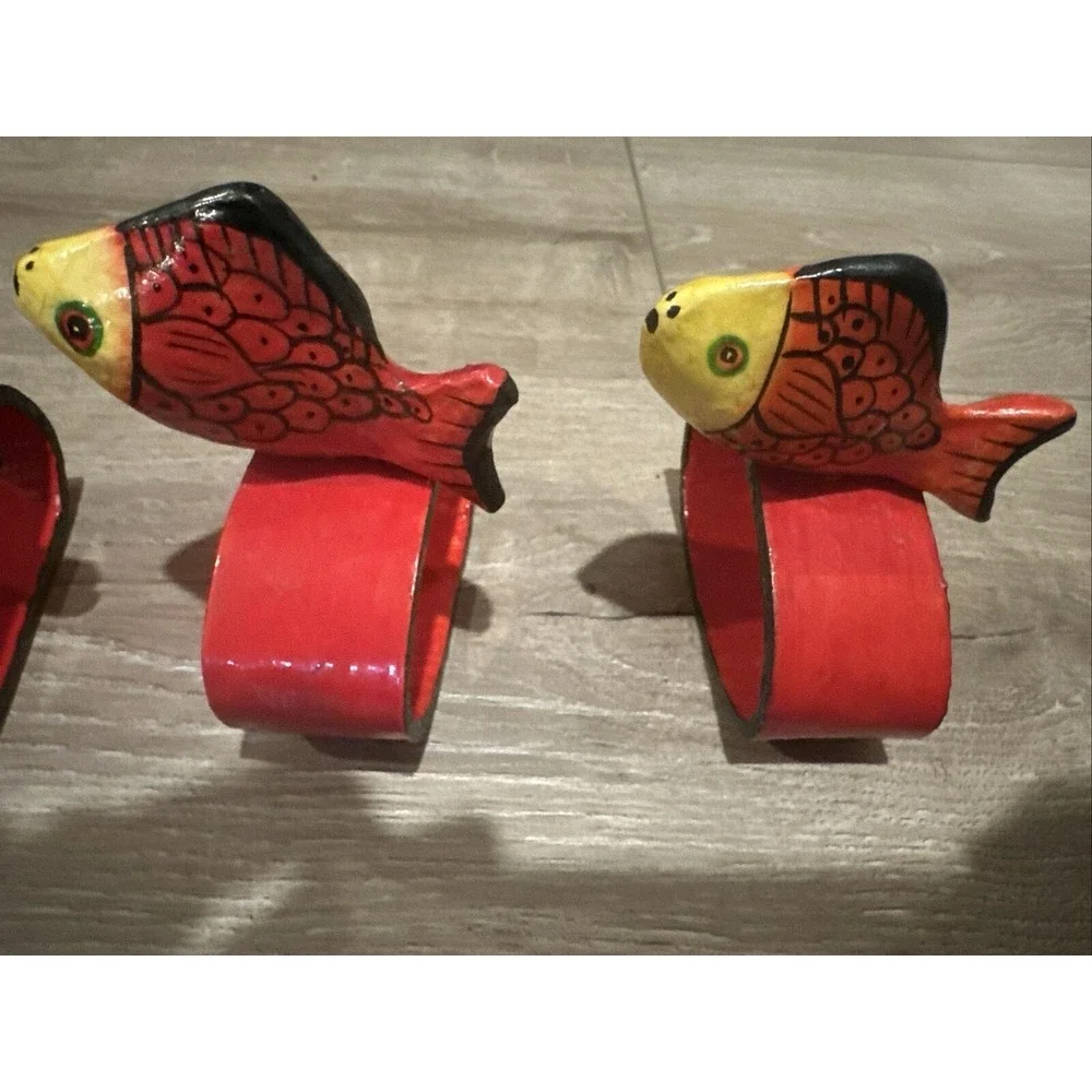 4 Vintage Red Hand Painted Wood‎ Wooden Fish Koi Napkin Ring Holders